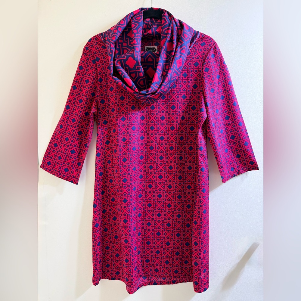 Mud Pie Vibrant Pink and Blue Long Sleeve Dress w/ cowl neck Size M